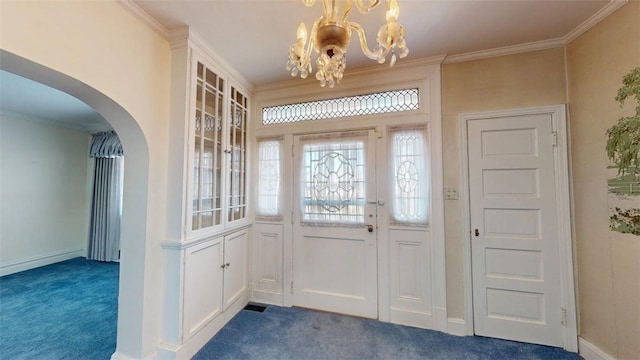 2120 Delaware Ave, Swissvale, PA 15218 - carpeted entryway with arched walkways, a chandelier, ornamental molding, and baseboards