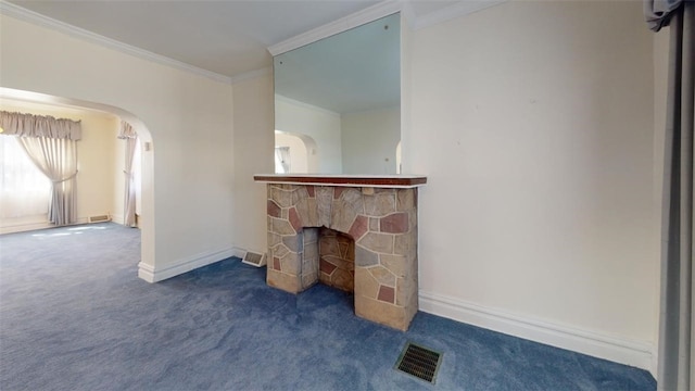 2120 Delaware Ave, Swissvale, PA 15218 - unfurnished living room featuring carpet floors, arched walkways, crown molding, baseboards, and a fireplace