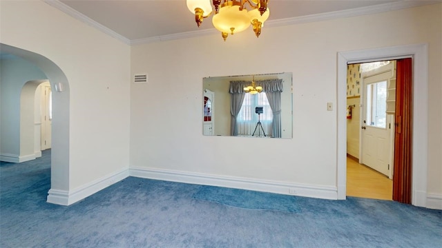 2120 Delaware Ave, Swissvale, PA 15218 - carpeted empty room featuring a chandelier, ornamental molding, arched walkways, and baseboards