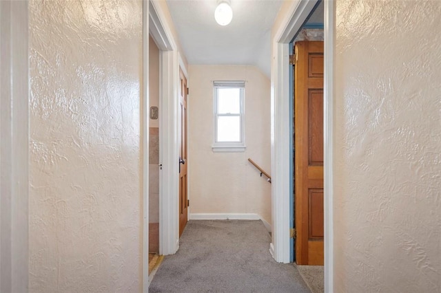 2238 Lucina Ave, Overbrook, PA 15210 - hall with carpet, a textured wall, baseboards, and an upstairs landing