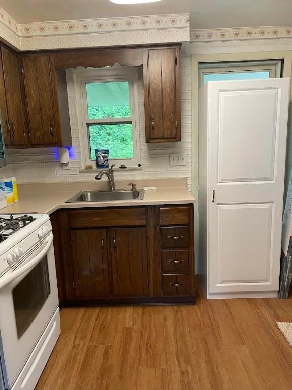 241 Willow Dr, Monroeville, PA 15146 - kitchen featuring white range oven, light wood-style floors, dark brown cabinets, and light countertops