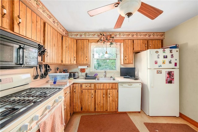 3329 Forest Rd, Bethel Park, PA 15102 - kitchen with white appliances, a sink, light wood-style flooring, light countertops, and a ceiling fan