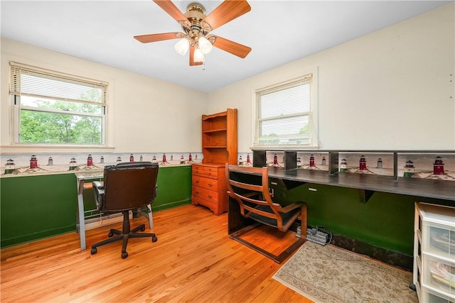 3329 Forest Rd, Bethel Park, PA 15102 - home office with light wood-type flooring, ceiling fan, and built in desk