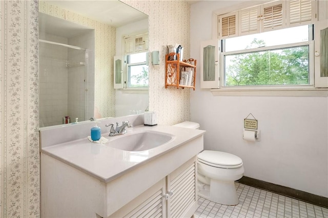 3329 Forest Rd, Bethel Park, PA 15102 - full bath featuring wallpapered walls, toilet, a stall shower, tile patterned flooring, and vanity