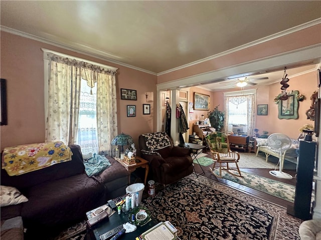 453 N W St, Waynsbrg/Frankln Twp, PA 15370 - living area with crown molding, carpet, and a ceiling fan