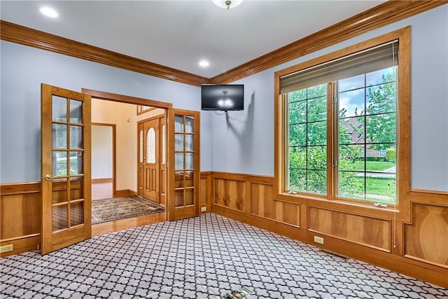 133 Ridgemont Dr, Cranberry Twp, PA 16066 - carpeted entryway with crown molding, a wainscoted wall, french doors, and recessed lighting