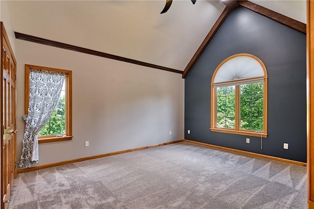 133 Ridgemont Dr, Cranberry Twp, PA 16066 - empty room with vaulted ceiling, ceiling fan, carpet floors, baseboards, and ornamental molding
