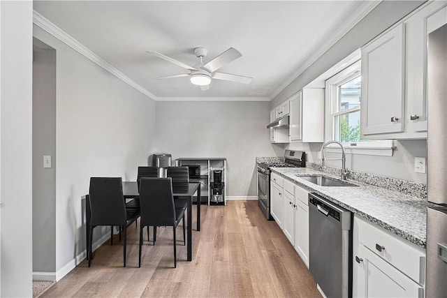 48 Glenmore Ave, West View, PA 15229 - kitchen with appliances with stainless steel finishes, a sink, light wood finished floors, under cabinet range hood, and a ceiling fan
