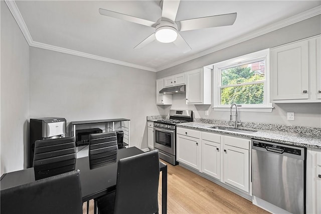 48 Glenmore Ave, West View, PA 15229 - kitchen with appliances with stainless steel finishes, a sink, under cabinet range hood, white cabinets, and crown molding