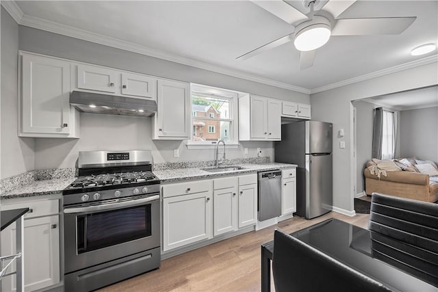 48 Glenmore Ave, West View, PA 15229 - kitchen with appliances with stainless steel finishes, a sink, under cabinet range hood, light wood-style floors, and white cabinetry