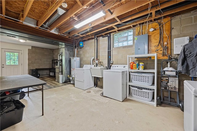 48 Glenmore Ave, West View, PA 15229 - basement with washer and dryer, water heater, electric panel, a sink, and concrete block wall