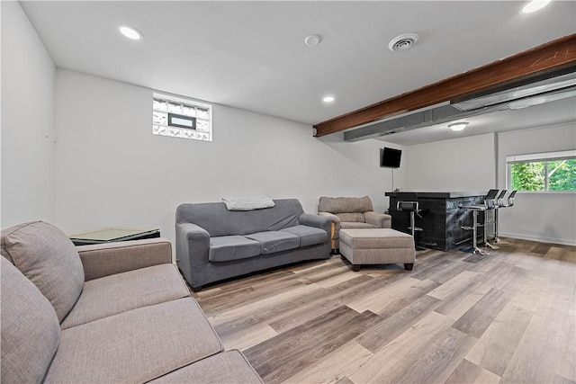 48 Glenmore Ave, West View, PA 15229 - living area with a dry bar, wood finished floors, recessed lighting, beam ceiling, and baseboards