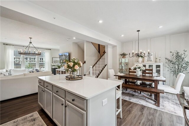 436 Greenwood Dr, North Strabane, PA 15317 - kitchen featuring a chandelier, dark wood finished floors, open floor plan, a center island, and recessed lighting