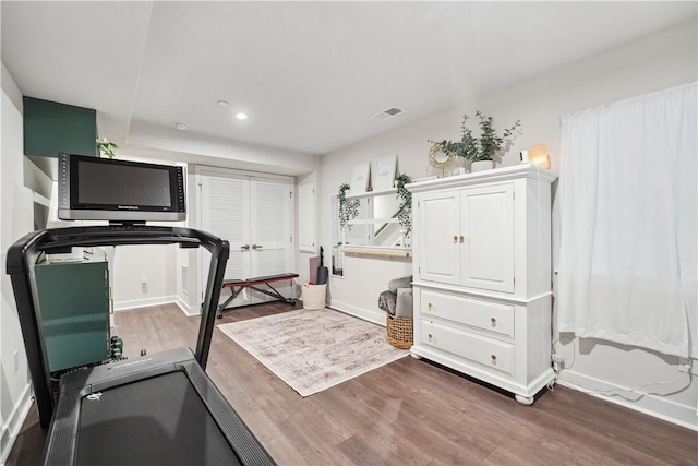 436 Greenwood Dr, North Strabane, PA 15317 - workout room with wood finished floors, baseboards, and recessed lighting