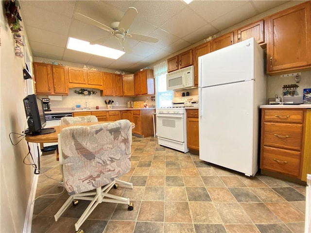 3 Kilbourne Rd, West Salem Twp, PA 16125 - kitchen with white appliances, a ceiling fan, brown cabinets, a sink, and a drop ceiling
