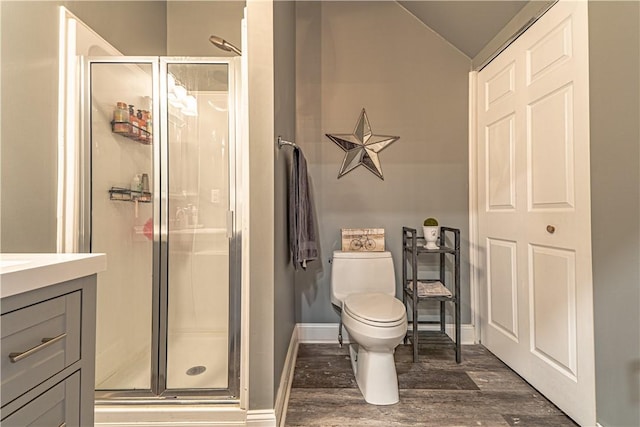 102 Maple Gln, Peters Twp, PA 15367 - bathroom featuring toilet, a shower stall, wood finished floors, vanity, and lofted ceiling