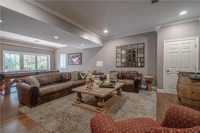 102 Maple Gln, Peters Twp, PA 15367 - living area with crown molding, pool table, wood finished floors, baseboards, and recessed lighting