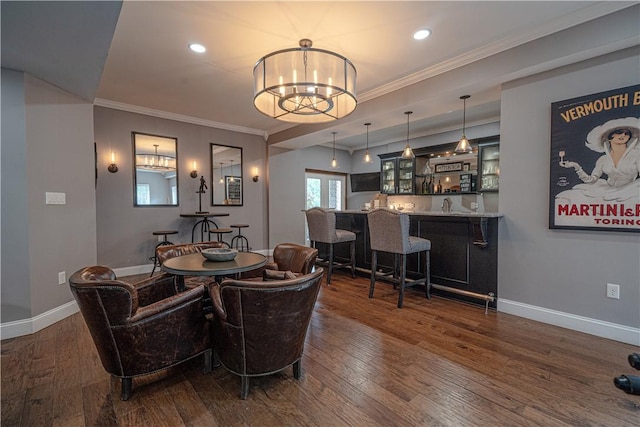 102 Maple Gln, Peters Twp, PA 15367 - dining room featuring crown molding, dark wood finished floors, baseboards, a chandelier, and recessed lighting