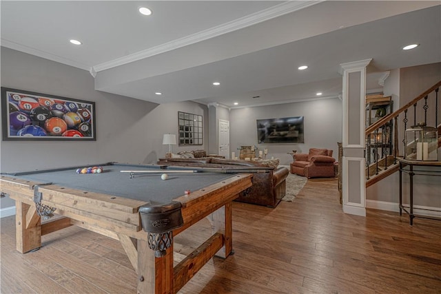 102 Maple Gln, Peters Twp, PA 15367 - game room featuring crown molding, wood-type flooring, baseboards, recessed lighting, and pool table