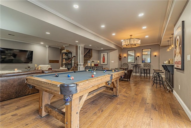 102 Maple Gln, Peters Twp, PA 15367 - recreation room with ornamental molding, pool table, wood finished floors, recessed lighting, and baseboards