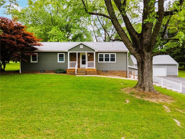 321 Green Acres Ln, Shenango Twp Law, PA 16101 - ranch-style house featuring a garage, crawl space, a front yard, and an outdoor structure