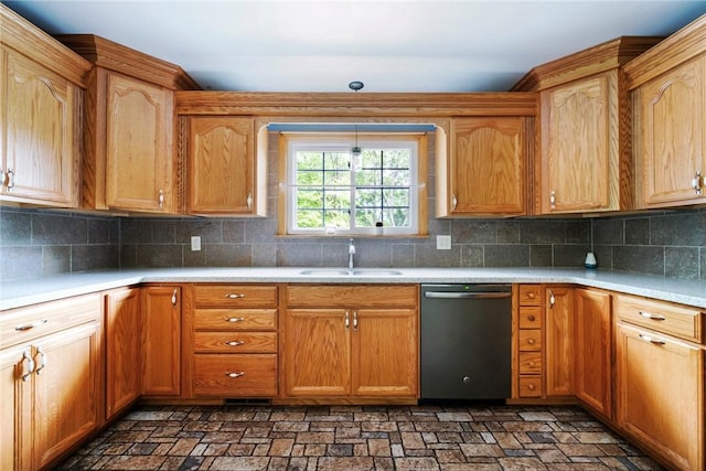 321 Green Acres Ln, Shenango Twp Law, PA 16101 - kitchen featuring dishwasher, a sink, light countertops, and brick patterned flooring