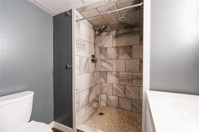321 Green Acres Ln, Shenango Twp Law, PA 16101 - bathroom featuring a tile shower, toilet, and baseboards