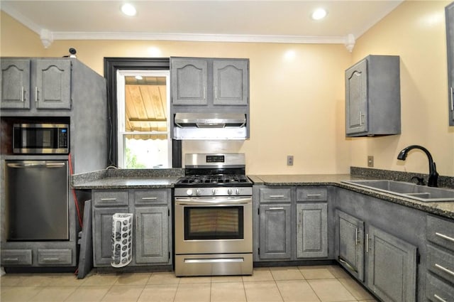 222 Orchard Ave, Canonsburg, PA 15317 - kitchen with stainless steel appliances, a sink, extractor fan, gray cabinetry, and ornamental molding