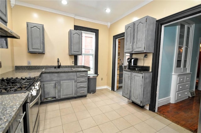 222 Orchard Ave, Canonsburg, PA 15317 - kitchen with a sink, gray cabinetry, stainless steel gas range, ornamental molding, and recessed lighting