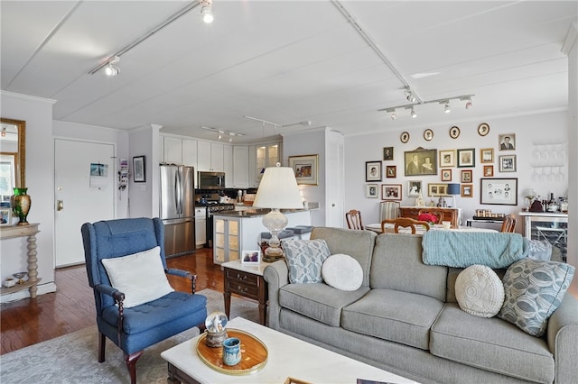5 Bayard Rd Unit 913, Shadyside, PA 15213 - living area featuring rail lighting, dark wood-style flooring, and ornamental molding