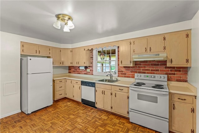 187 Friar Ln, Peters Twp, PA 15317 - kitchen with white appliances, under cabinet range hood, a sink, light countertops, and tasteful backsplash