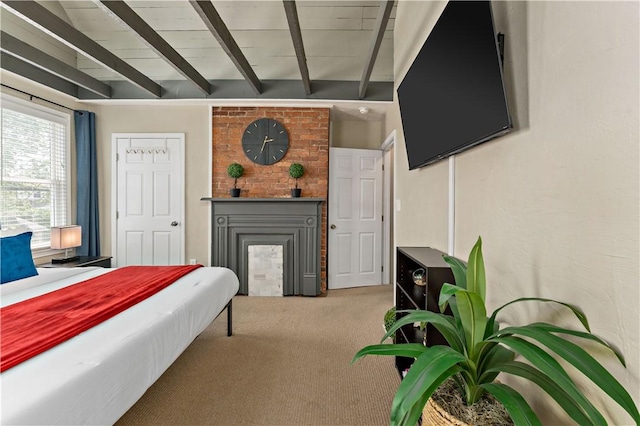 239 Albert St, Mt Washington, PA 15211 - bedroom with a fireplace, beamed ceiling, and carpet floors