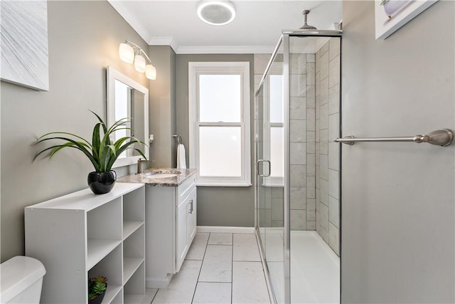 239 Albert St, Mt Washington, PA 15211 - full bath featuring a shower stall, marble finish flooring, ornamental molding, vanity, and toilet