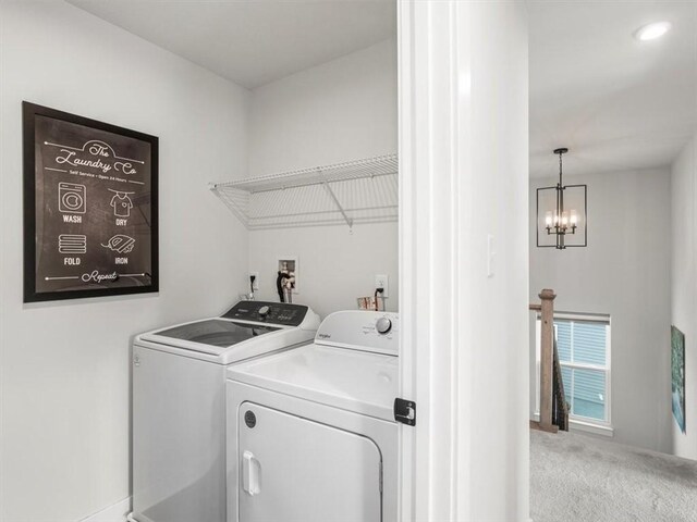 127 Red Horse Dr, Buffalo Twp, PA 16055 - washroom with independent washer and dryer, a chandelier, carpet flooring, and baseboards