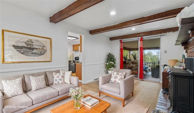 4817 E Willock Rd, Baldwin Boro, PA 15227 - living area with beamed ceiling, recessed lighting, a fireplace, and light wood-style floors