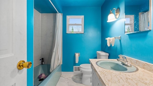 4817 E Willock Rd, Baldwin Boro, PA 15227 - full bathroom with toilet, baseboards, vanity, marble finish flooring, and shower / bathtub combination with curtain