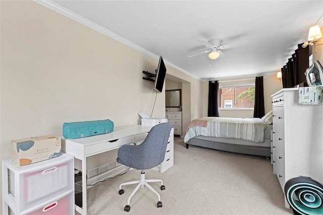 3050 S Park Rd, Bethel Park, PA 15102 - bedroom with ornamental molding, light carpet, a desk, and ceiling fan