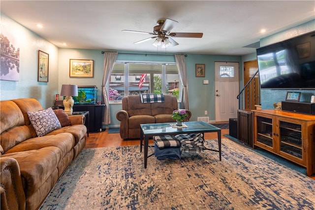 600 Margaret St, Mount Oliver, PA 15210 - living area with ceiling fan, wood finished floors, recessed lighting, baseboards, and stairs