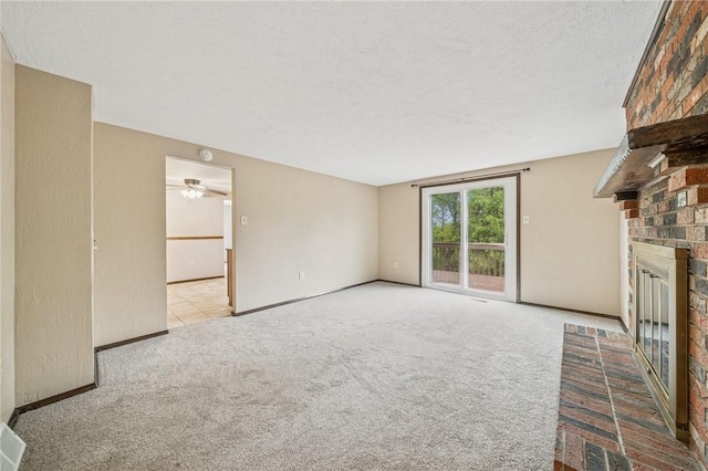 1056 Mcallister Dr, Plum Boro, PA 15068 - unfurnished living room with a fireplace, carpet floors, a textured ceiling, baseboards, and ceiling fan