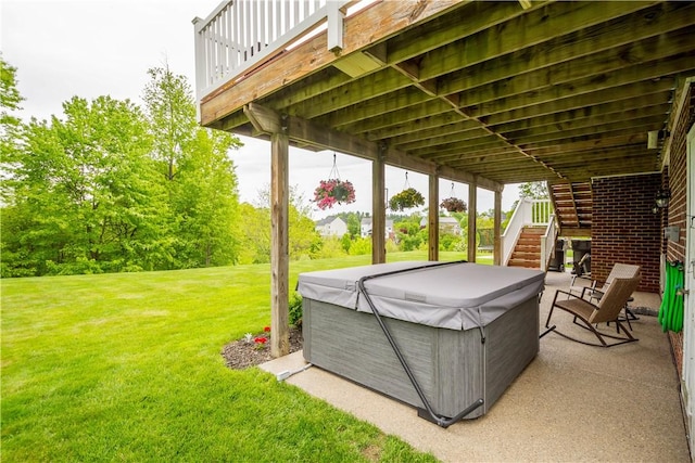 97 Clover Ln, Pine Twp Nal, PA 15044 - view of patio with a hot tub, stairway, and a wooden deck