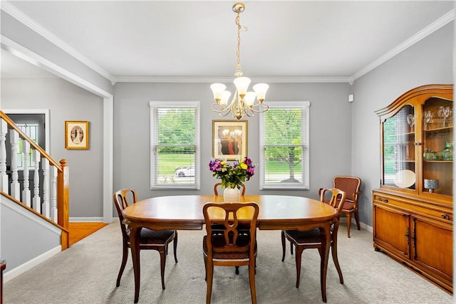 97 Clover Ln, Pine Twp Nal, PA 15044 - dining space featuring a chandelier, ornamental molding, light carpet, baseboards, and stairway