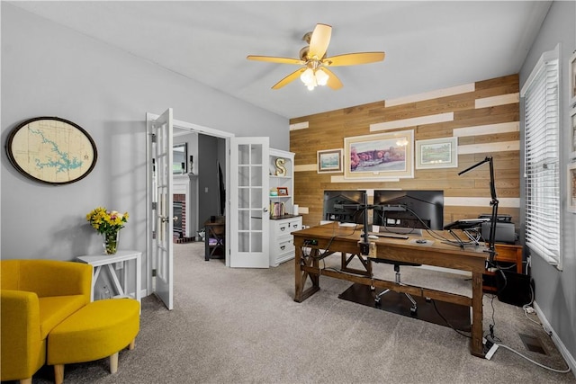 97 Clover Ln, Pine Twp Nal, PA 15044 - carpeted office featuring french doors, wooden walls, and a ceiling fan