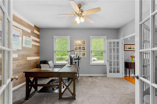 97 Clover Ln, Pine Twp Nal, PA 15044 - carpeted office space with french doors, wood walls, baseboards, and a ceiling fan