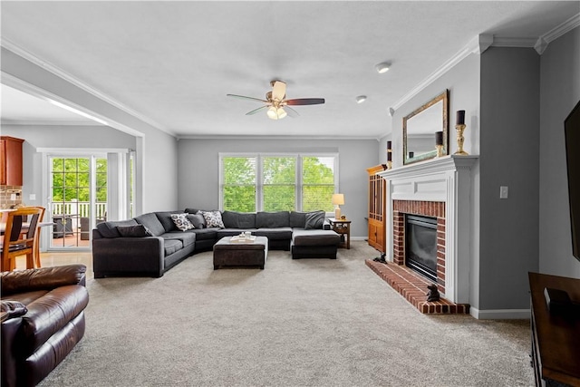 97 Clover Ln, Pine Twp Nal, PA 15044 - living room with carpet floors, a ceiling fan, crown molding, a brick fireplace, and baseboards