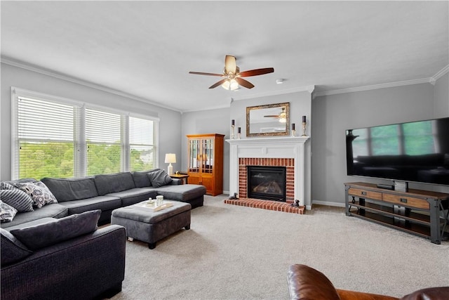 97 Clover Ln, Pine Twp Nal, PA 15044 - carpeted living area featuring ornamental molding, ceiling fan, and a fireplace