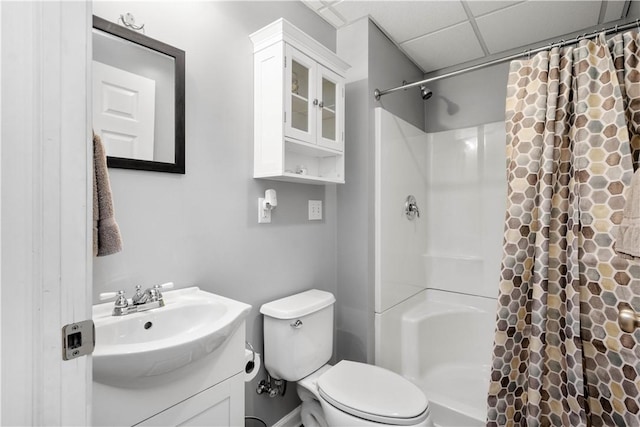 97 Clover Ln, Pine Twp Nal, PA 15044 - bathroom with a shower with curtain, toilet, vanity, and a paneled ceiling