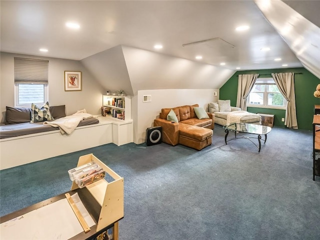 347 Spahr St, Shadyside, PA 15232 - living area with carpet floors, vaulted ceiling, and recessed lighting