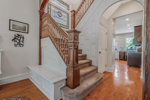810 S Braddock Ave, Regent Square, PA 15221 - stairs with arched walkways, wood finished floors, baseboards, and recessed lighting
