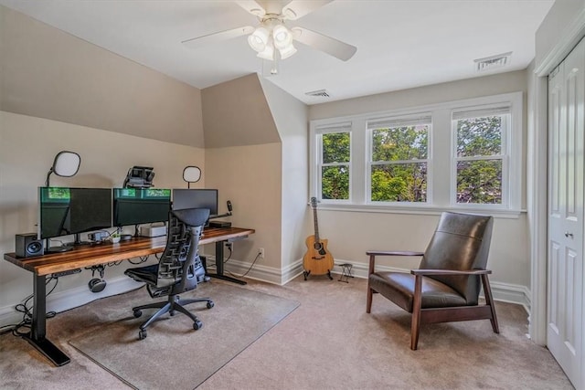 810 S Braddock Ave, Regent Square, PA 15221 - office area featuring carpet, baseboards, a ceiling fan, and vaulted ceiling