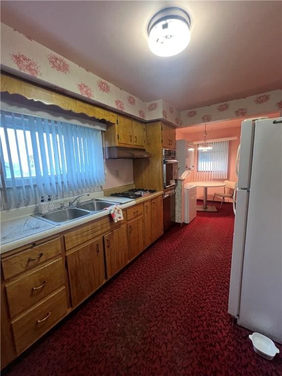1929 Alcoa Dr, Arnold, PA 15068 - kitchen with freestanding refrigerator, dark colored carpet, light countertops, under cabinet range hood, and healthy amount of natural light